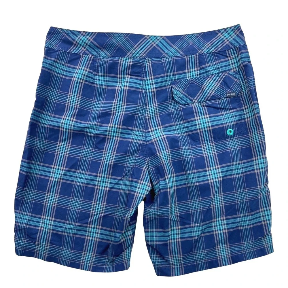 PrAna Swim Trunks Board Shorts‎ Men 34 Blue Teal Plaid Hike UPF 50+ Unlined   9